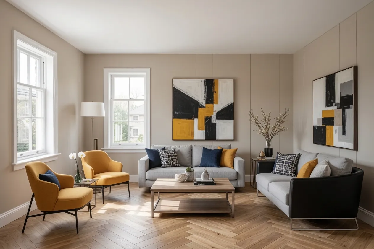 AI room visualizer showing a living room with new hardwood flooring